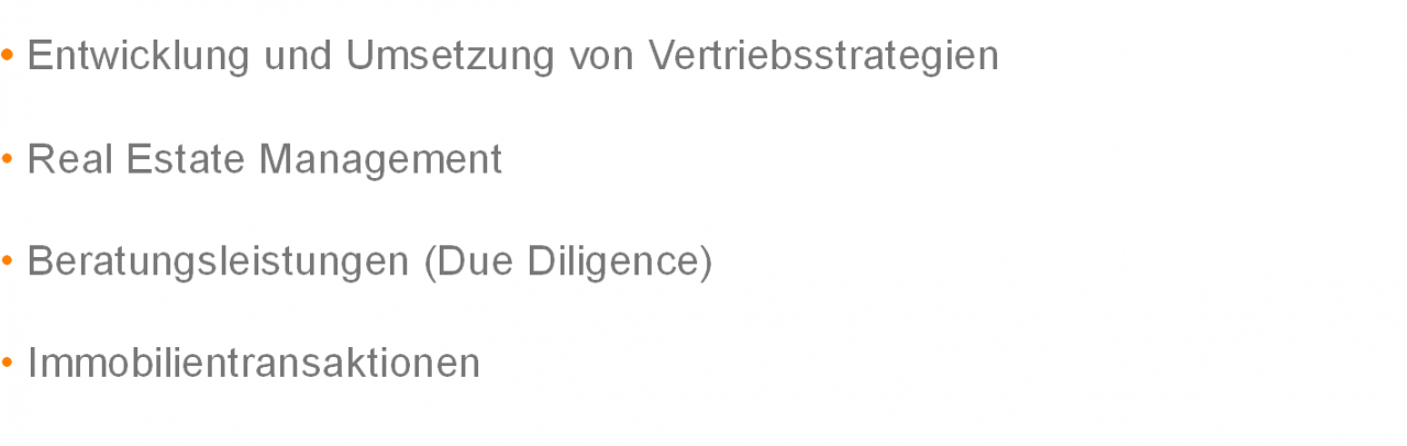 Entwicklung und Umsetzung von Vertriebsstrategien, Real Estate Management, Beratungsdienstleistungen (Due Diligence), Immobilientransaktionen